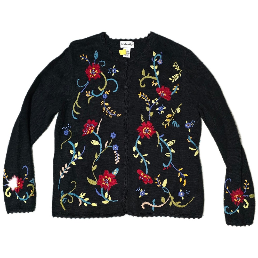 Breckenridge Black‎ Embroidered Floral Cardigan Sweater Women's M
(Y)